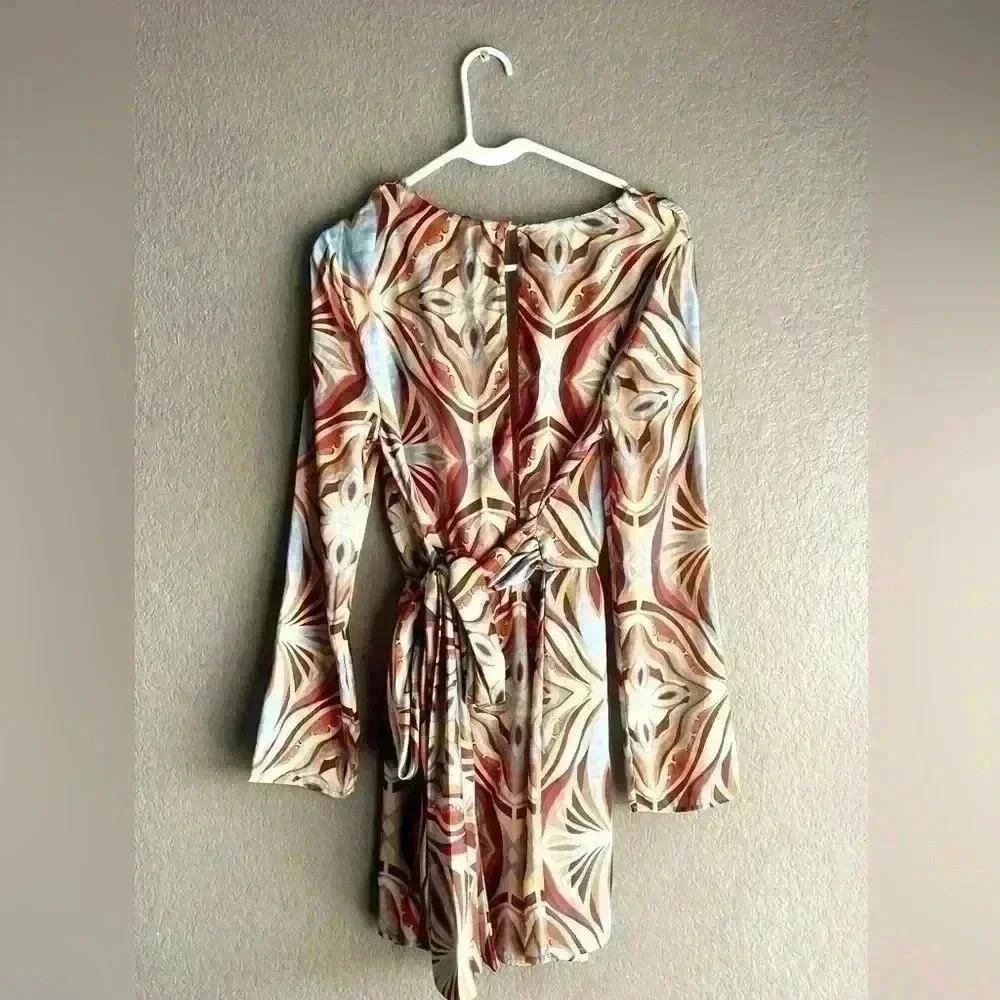 ZARA dress satin look brown beige blue mint yellow long sleeve wrap belt boho - Picture 8 of 9
